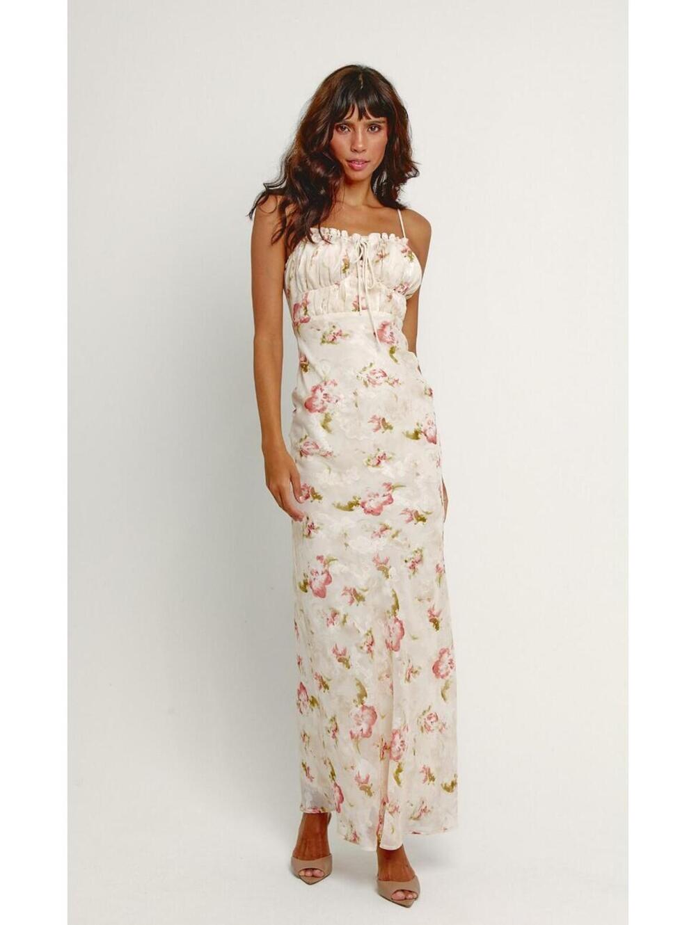 Rare London Floral Tie Front Maxi Dress Cream Pink Romantic Size 4 NWT